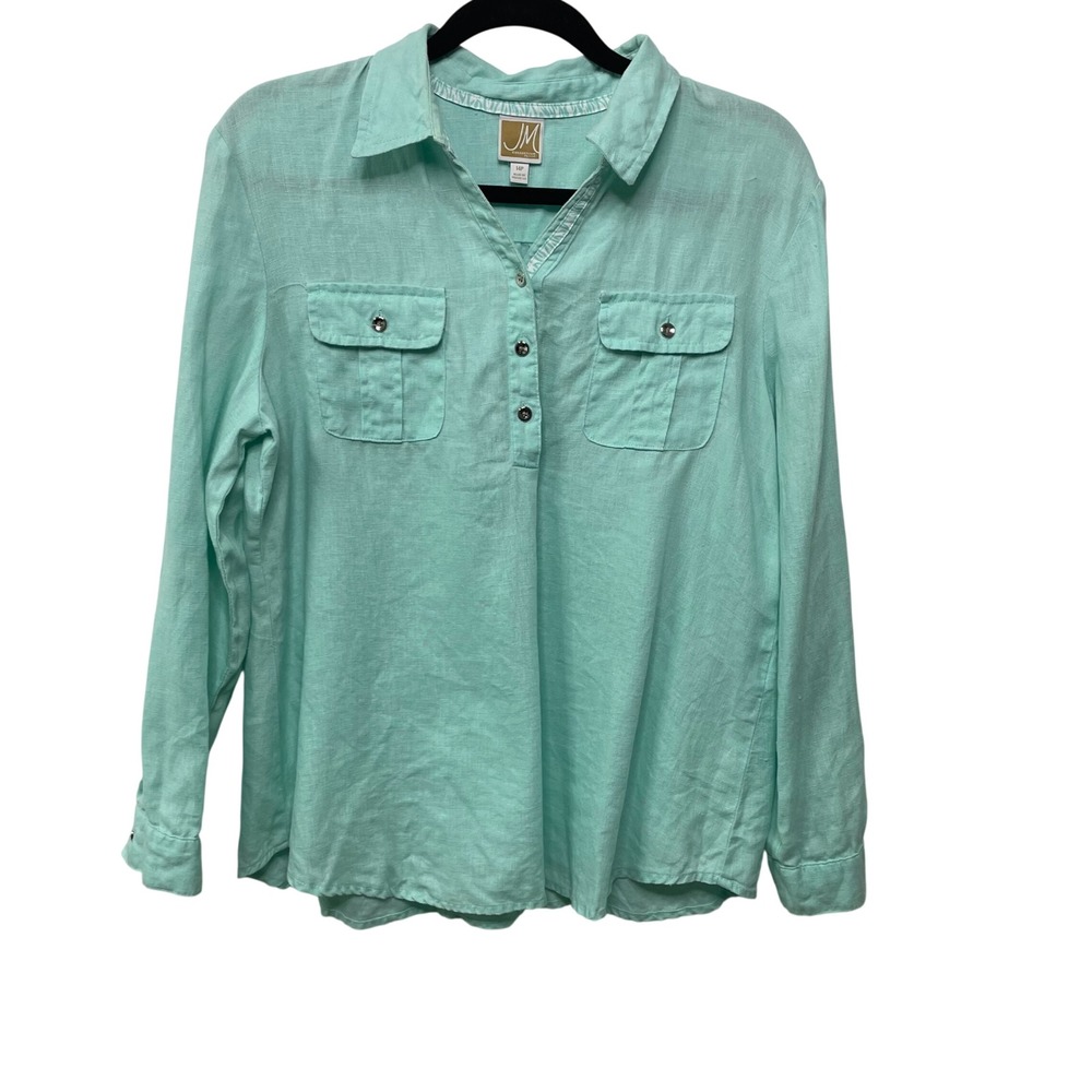 JM Collection Mint Green 100% Linen Roll Tab Sleeve Henley Tunic Top 14P Beachy